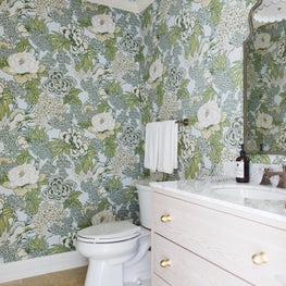 Wallpapered Pool House Bathroom Northfield Residence
