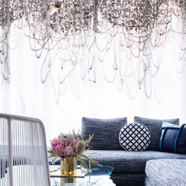 Tribeca Residence, Living Room Featuring Hand-Painted Curtains by Carolyn Ray