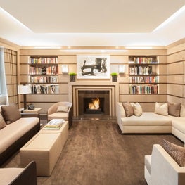 Park Avenue Apartment, Library & Media Room, Open Shelving, Beige Palette