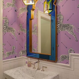 Historic Chestnut Hill Bathroom with Purple Wallpaper and Marble Washstand