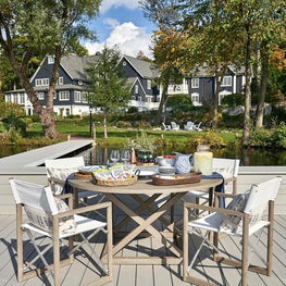Dock, Outdoor Living, White Chairs, Neutral Palette, Raoul Textiles Pillow — Pine Lake Project