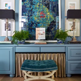 Home Office Featuring Blue Cabinetry