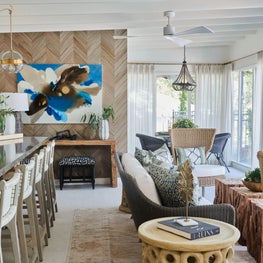 Midcentury Pool Cabana with an entertainer's kitchen and lounge area.