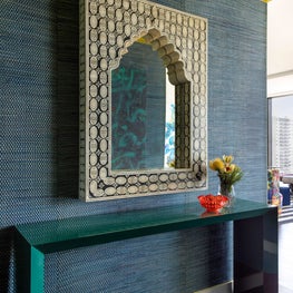 Portfolio: Colorful Entry with a Blue Wallcovering and Vibrant Ceiling