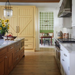Three Barn Farm Kitchen. Chic farmhouse style with custom yellow cabinetry and integrated refrigerator.