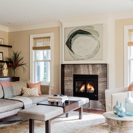 Living Room with custom metal and stone fireplace 