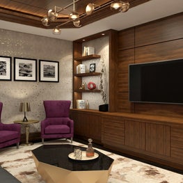 The accent chairs are the color of the year, purple.