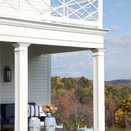 Upstate NY farmhouse, front porch exterior.