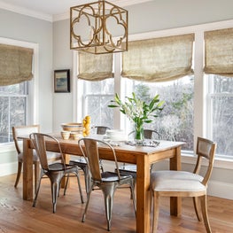 Breakfast room w farm table, Raoul Textiles shades, linen chairs and lot of sun