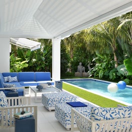 Classic blue and white minimalism in a surf cottage loggia