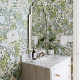 Wallpapered Pool House Bathroom Northfield Residence