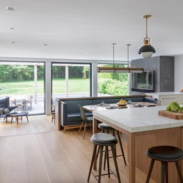Kitchen with view to the family room and garden beyond