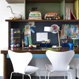 Carnegie Hill Apartment, Modern Study, Desk, Open Shelving over Kid's Work Space
