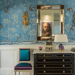 Custom de Gournay Entry with Satin-covered Louis XVI Chairs