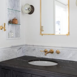 Master Bathroom Vanity Detail with Blackened Oak, Marble and Unlacquered Brass