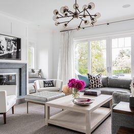 Family Room, Cozy Window Seat, Bleached Wood Coffee Table, Black and White
