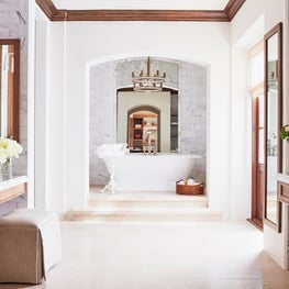 Malibu Spanish Colonial, Master Bath with White Marble, Oak, & Free Standing Tub