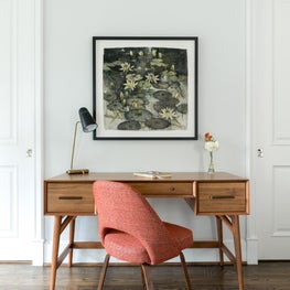 Portfolio: Minimalist home office featuring homeowners beloved art collection