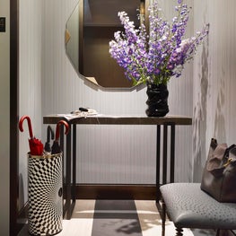 Carnegie Hill Apartment, Modern Entryway with Striped Flooring and Gray Palette