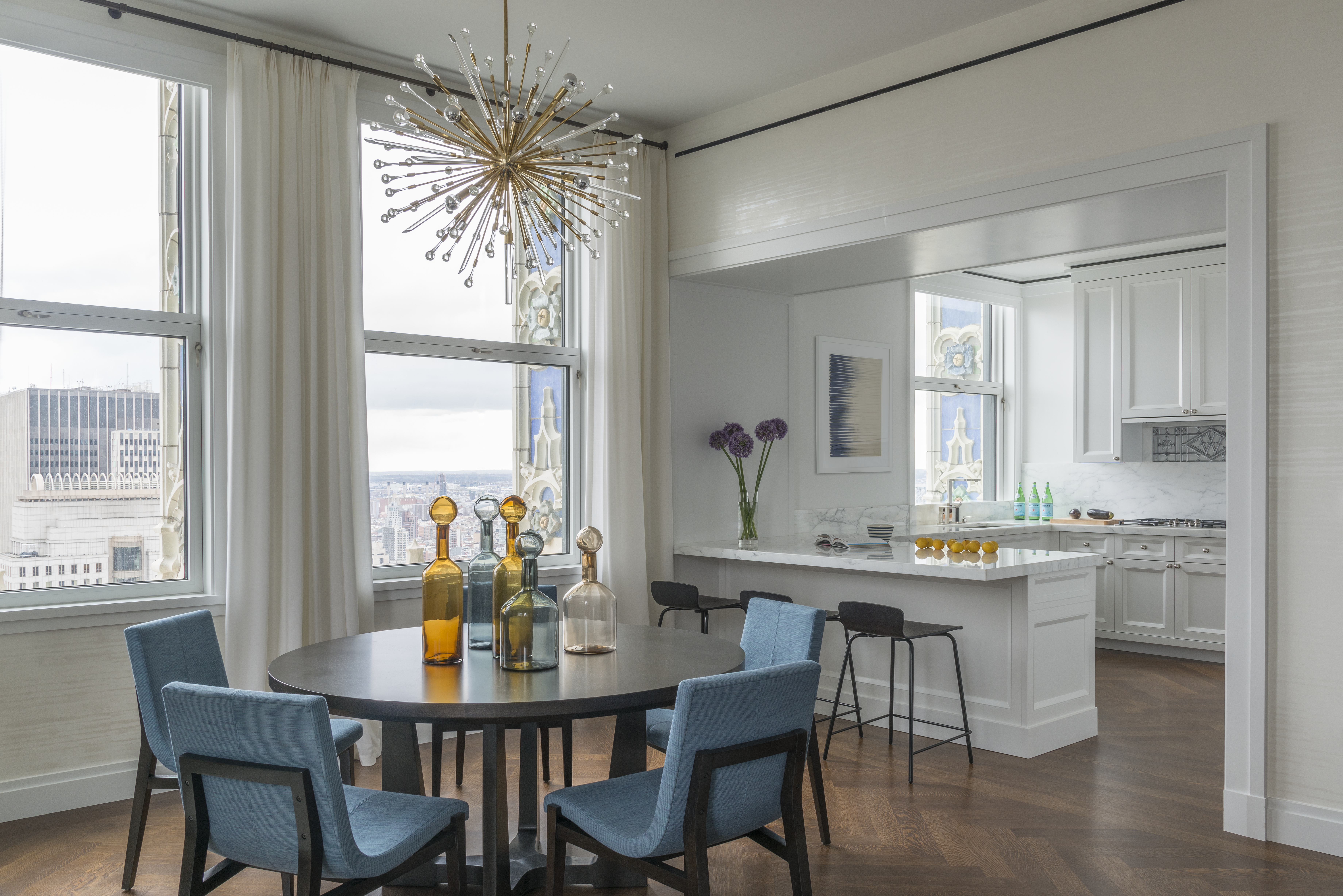 NYC Apartment Dining Room and Kitchen, Sputnik Chandelier, White Kitchen