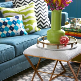 Living Room Vignette with Stools, Marble Tray and Flowers