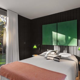 Modern bedroom with black paneled walls, green accents, floor to ceiling window