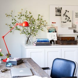Office Vignette. Vintage Accessories. Rustic Farm Table + Leather Chair