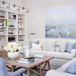 Family Room, David Burdeny Art, Neutral Palette, Cream Walls, White Cabinets, Coffee Table, Lee Industries Chairs, Rogers and Goffigon Linen, Urban Electric Sconces - Ravinia Residence Project