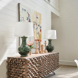 Dining Room Vignette, Green Lamps, Wall Art, Candlesticks, Jayson Home Sideboard — Pine Lake Project