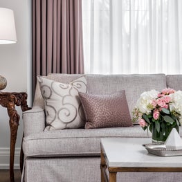 Hilton Living Room, custom furnishings, antique family heirloom side tables