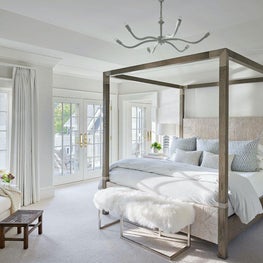 Master Bedroom, Palecek Bed, Noir Furniture Lighting, Phillip Jeffries Wall Covering, Arteriors Home Lamp — Pine Lake Project