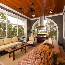 Screened Porch with Arched Opening, Gas Grill, Stainless Hood and Fir Ceiling