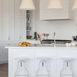 Bohemian Beach House - White Kitchen - Large Pendants. Open Floor Plan