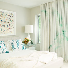 East Hampton Residence - guest bedroom with custom printed silk curtains