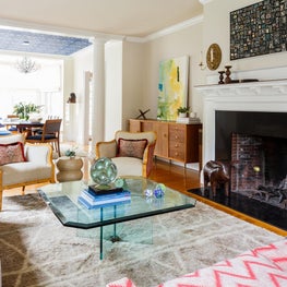 Modern living room with Moroccan rug, custom zig zag sofa - SCS Design