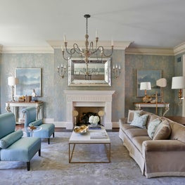Formal living room- blue hand painted wallpaper, Venetian mirror & gold accents