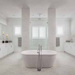 Palm Beach Retreat Master Bath: pedestal tub & chrome faucet, marble shower
