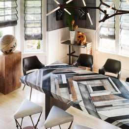 Southampton Residence, Dining Room with Custom Dining Table and Stools