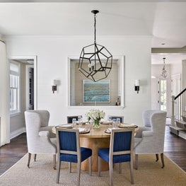 Dining Room, Blue Dining Chairs, Gregorius Pineo Chandelier, David Burdeny Art, Rug - Coastal-Inspired Chicago Project
