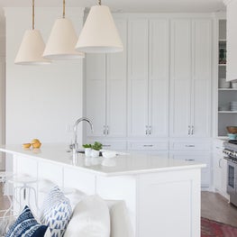 Bohemian Beach House - White Kitchen - Large Pendants. Open Floor Plan