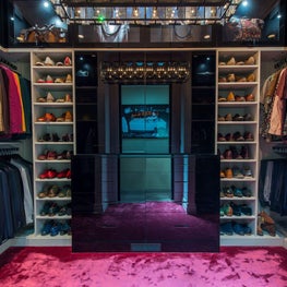Custom Closet with silk carpet, lacquer hutch, & faux leather shelves