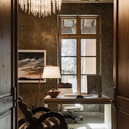 Sundrenched home office / Organic furnishings create a moody and glamorous home office. The rug has a tribal and very contemporary feel.