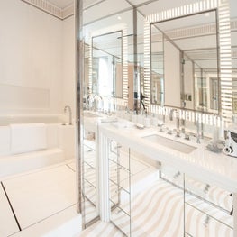  Park Avenue Apartment, Modern Master Bathroom, Mirrors, White, Striped floor