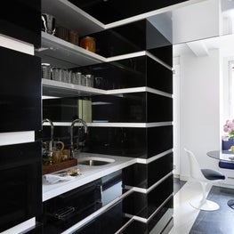 Portfolio: West Side Apartment, Modern Black and White Dining Room, Open Shelving