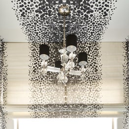 Master Bath with Black & White Wallpaper and Matching Roman Shade Fabric