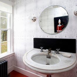 Connecticut Farmhouse, Modern Bathroom, Marble sink, Wallpaper