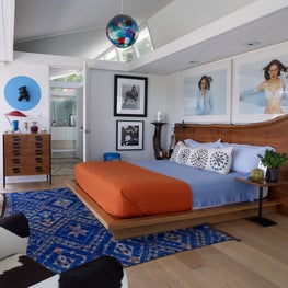 Large bedroom with vaulted ceiling and skylight, Deborah Sharpe Linens