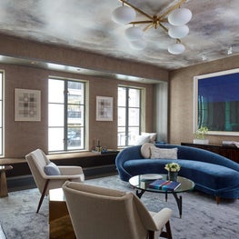 NYC Showhouse Living Room, vintage globe chandelier, wallpaper, vintage sofa
