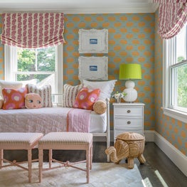 Girls Bedroom with Orange Floral Wallpaper, Roman Shades and Lime Green Accents