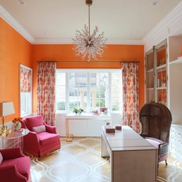 Colorful home office with bright grasscloth, painted floor & modern accessories